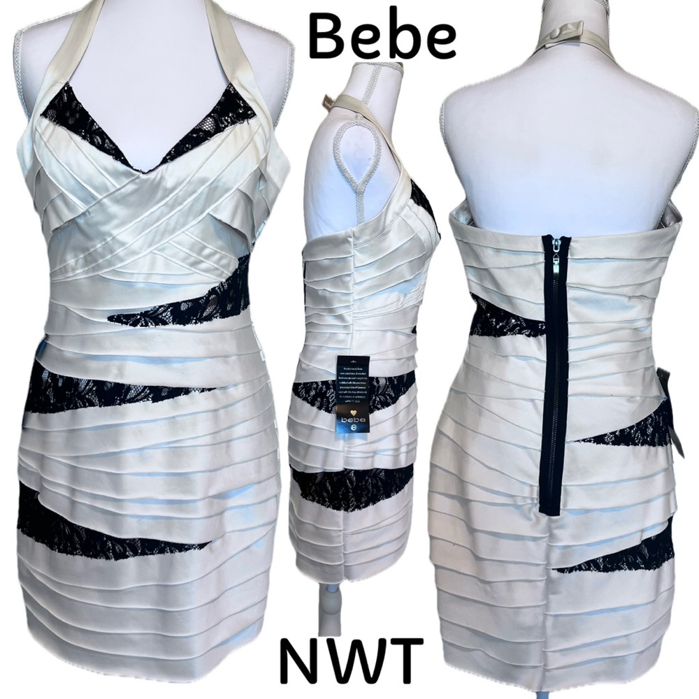 NWT Bebe Cream tone Black Lace Backless Adj Neck Lined Bodycon Dress Sz Medium
